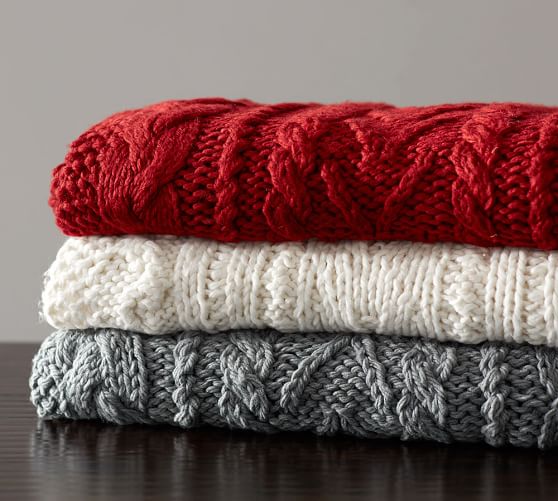 Pottery Barn WARNER BRAIDED HAND KNIT THROW Cardinal Red, Gray, Ivory