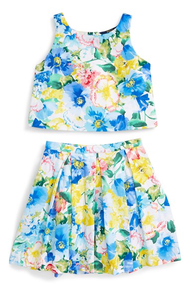 Ralph Lauren Floral Print Skirt & Top Set (Big Girls) Blue White Multi