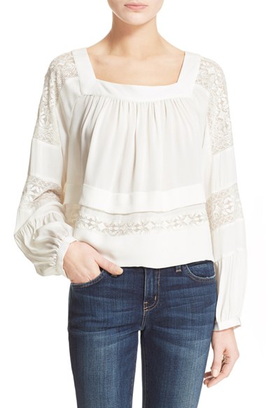 Rebecca Taylor 'Ada' Long Sleeve Embroidered Silk Top Snow