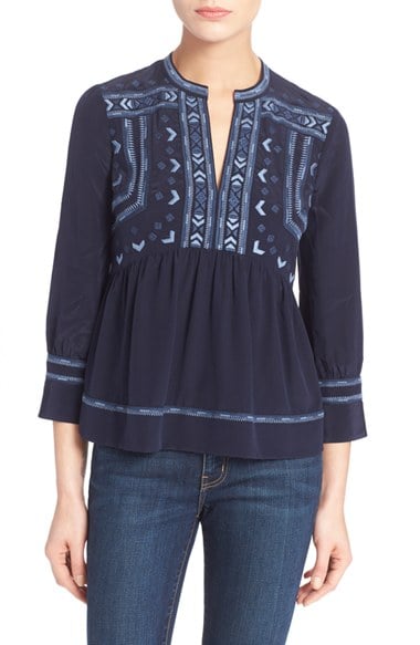 Rebecca Taylor Embroidered Silk Top Navy Blue boho embroidered tops spring