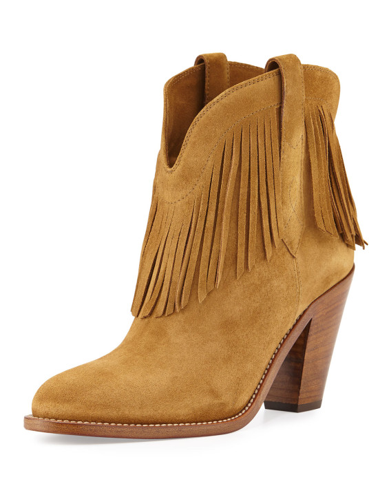 Saint Laurent New Western Fringe Bootie Tan