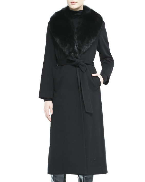 Sofia Cashmere Fur-Collar Belted Long Wrap Coat Black