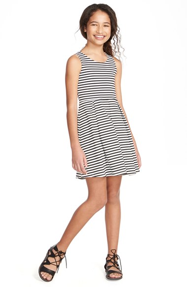 Soprano Stripe Skater Dress (Big Girls) Black White