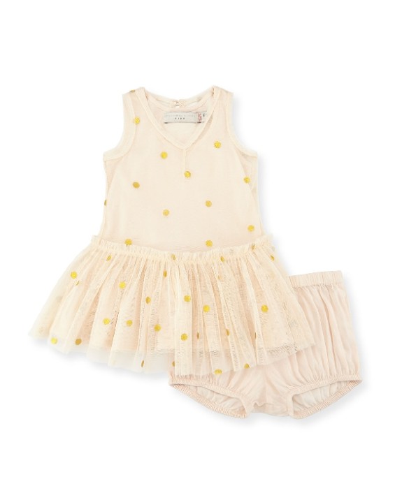 Stella McCartney Bell Polka-Dot Tulle Dress w/ Bloomers Buttermilk Size 6-24 Months with Metallic Gold Polka Dots