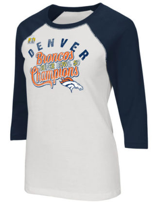 TOUCH BY ALYSSA MILANO DENVER BRONCOS WOMEN'S WHITE SUPER BOWL 50 CHAMPIONS THREE QUARTER SLEEVE RAGLAN T-SHIRT