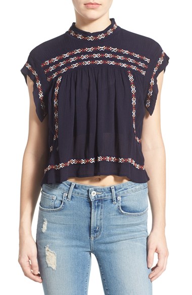 TULAROSA 'McKinnley' Embroidered Crop Top Navy Blue