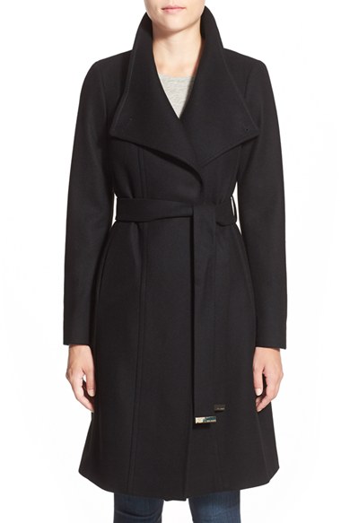 Ted Baker London 'Lorili' Funnel Neck Wool Blend Wrap Coat Black