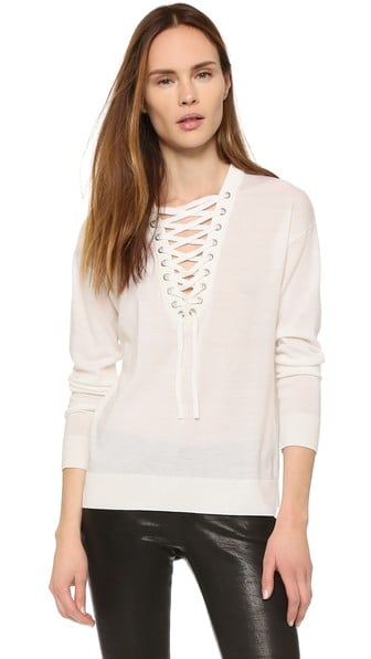 The Kooples Lace Up Merino Top Metallic Grommets White