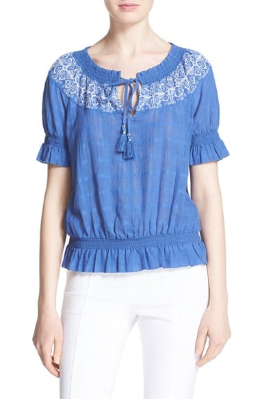 Tory Burch 'Nina' Embroidered Peasant Top White Hudson Blue