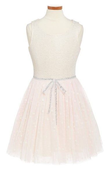 Truly Me Sleeveless Party Dress (Toddler Girls, Little Girls & Big Girls) Natural Multi With Glittery Bodice and Polka Dot Tulle Skirt