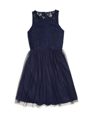 Un Deux Trois Girl's Sleeveless Lace & Tulle Dress Navy Blue