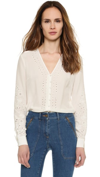 Veronica Beard Barth Embroidered Top White