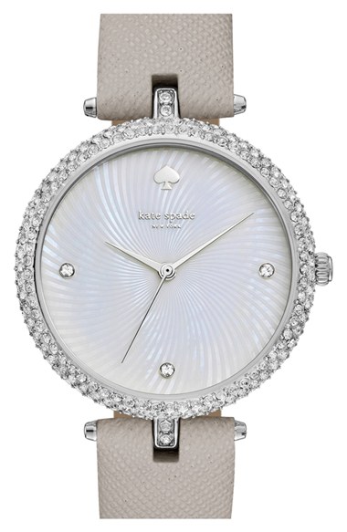 kate spade new york 'eldridge' leather strap watch, 35mm White Mother of Pearl