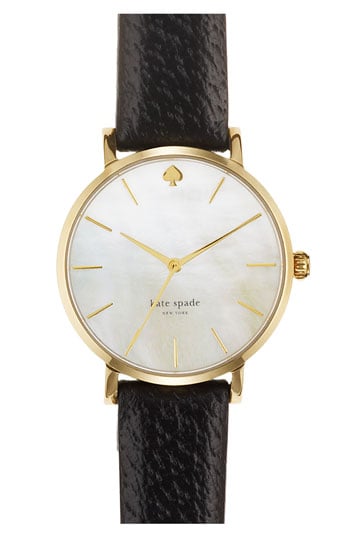 kate spade new york 'metro' round leather strap watch, 34mm gold black