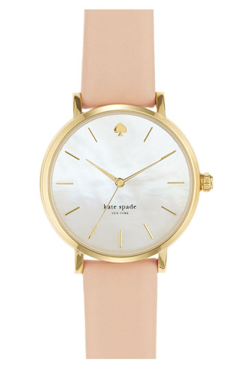 kate spade new york 'metro' round leather strap watch, 34mm in gold/beige