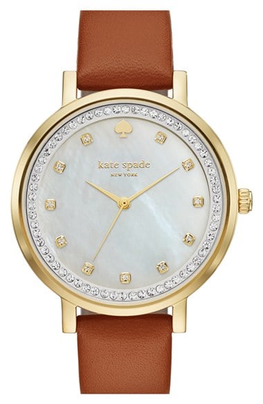 kate spade new york 'monterey' leather strap watch, 35mm luggage silver