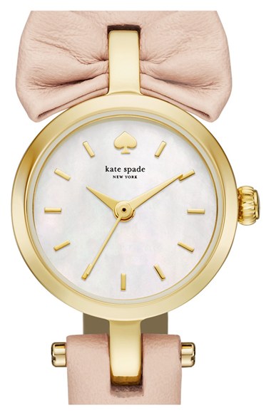 kate spade new york 'tiny metro - bow' leather strap watch, 20mm Vachetta Mother of Pearl