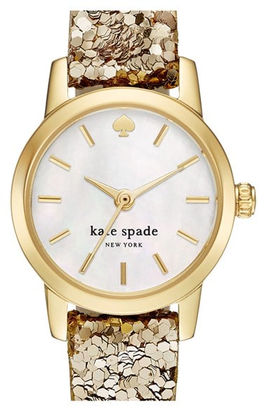 kate spade new york 'tiny metro' embellished leather strap watch, 20mm gold sequins