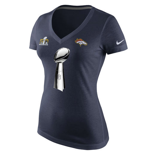 NIKE DENVER BRONCOS WOMEN'S NAVY SUPER BOWL 50 CHAMPIONS CELEBRATION LOMBARD TROPHY OPEN V-NECK T-SHIRT