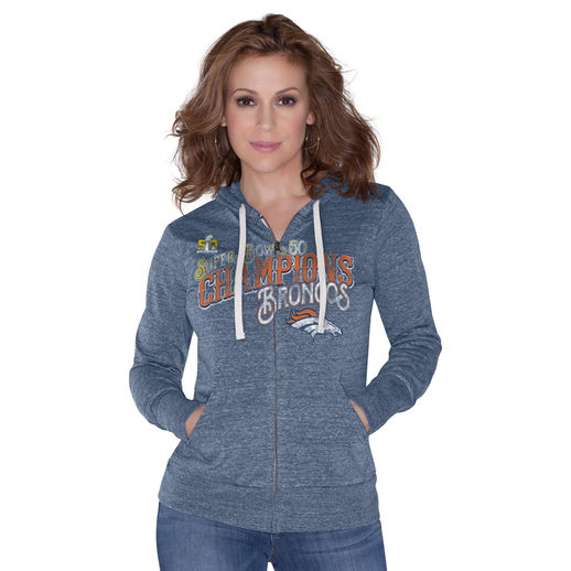 TOUCH BY ALYSSA MILANO DENVER BRONCOS WOMEN'S NAVY SUPER BOWL 50 CHAMPIONS TRAINING CAMP NUBBY FULL-ZIP HOODIE