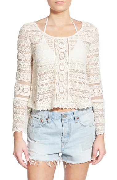 AMUSE SOCIETY 'Hideaway' Long Sleeve Lace Tee Souk White bell sleeve tops 