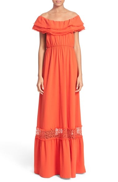 Alice + Olivia 'Cheri' Off the Shoulder Ruffled Maxi Dress Light Poppy