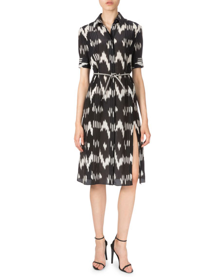 Altuzarra Short-Sleeve Belted Ikat-Print Shirtdress Black/White 