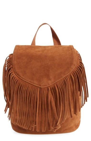 Amici Accessories Fringe Trim Faux Suede Backpack Rust Copper fringe backpacks for spring