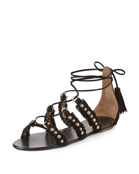 Aquazzura Tulum Fringed Suede Studded Flat Sandal Black
