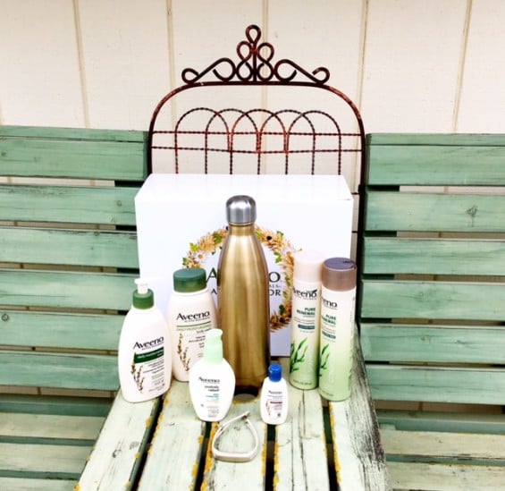 Aveeno Daily Moisturizing Body Wash, Daily Moisturizing Lotion, Aveeno Positively Radiant Daily Moisturizer, Aveeno Pure Renewal Shampoo and Conditioner, Jawbone Up2 fitness tracker, S'well Sparkling Champagne Water bottle.