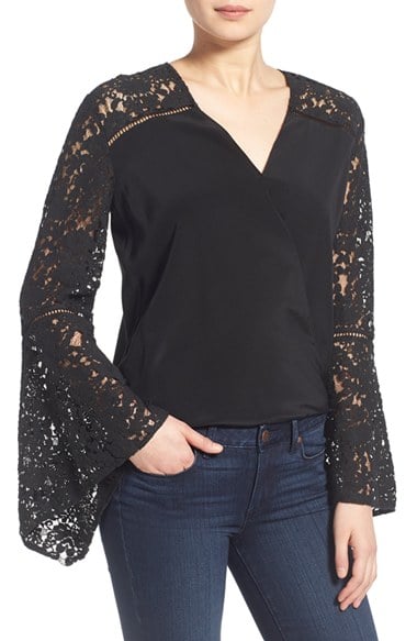 Bailey 44 'Stevie' Bell Sleeve Silk Surplice Lace Top Black