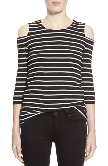 Bailey 44' Deneuvue' Stripe Cold Shoulder Top Black White Even Stripe cold shoulder tops for spring