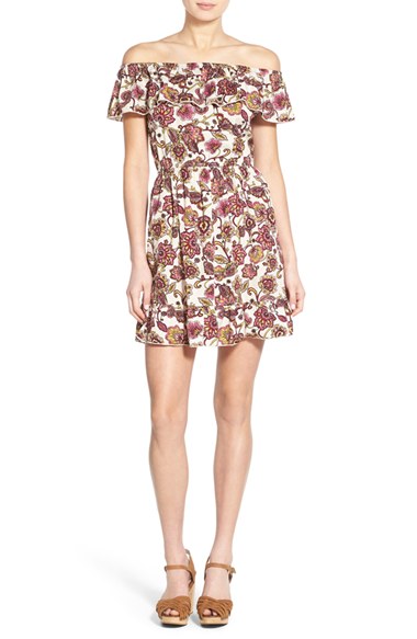 Band of Gypsies Floral Print Ruffle Off the Shoulder Dress Van Port
