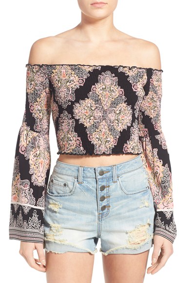Band of Gypsies Paisley Print Off the Shoulder Top Pink Black