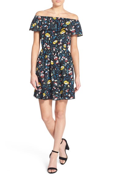 Band of Gypsies Ruffle Floral Print Off the Shoulder Dress Black