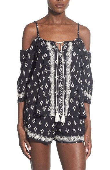 Band of Gypsies Woven Cold Shoulder Top Black White