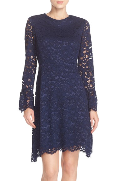 Betsey Johnson Bell Sleeve Lace A-Line Dress Navy Blue a-line dresses for easter