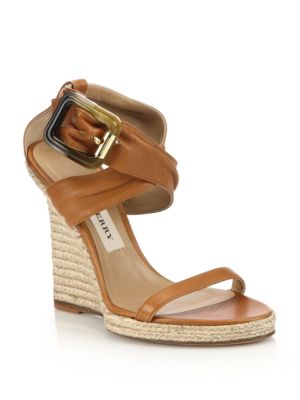 Burberry Catsbrook Leather Espadrille Wedge Sandals Camel