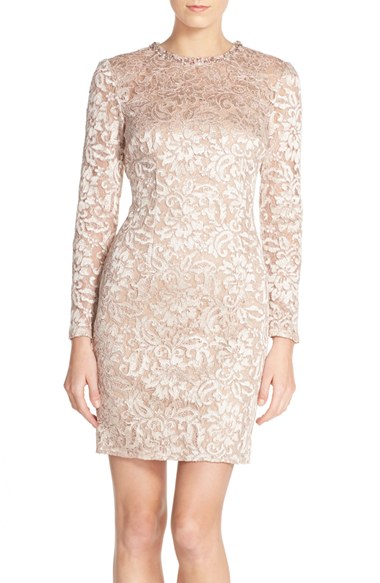 Carmen Marc Valvo Infusion Embellished Lace Sheath Dress Gold long sleeve dresses for easter