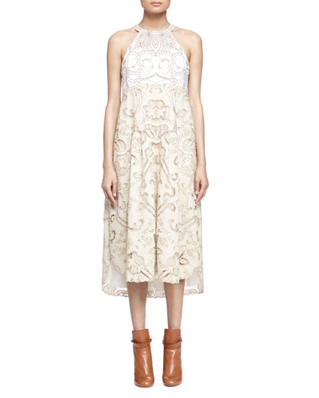 Chloe Embroidered Linen/Cotton Lace-Contrast Halter Dress Milk trapeze dresses for easter