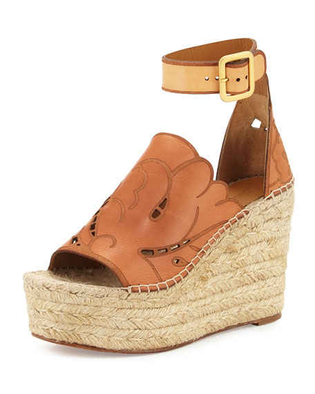 Chloe Tooled Leather Wedge Espadrille Sandal Marron Glace