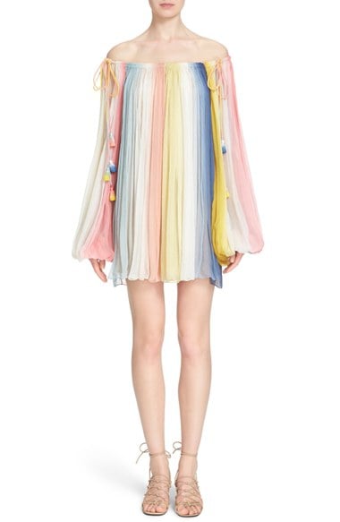 Chloé Pleated Dip Dye Off the Shoulder Dress Tassels