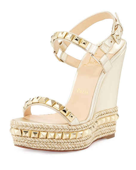 Christian Louboutin Cataclou Studded Leather Wedge Red Sole Sandal Sahara/Light Gold