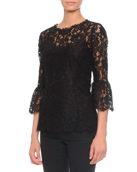 Dolce & Gabbana Floral-Lace Bell-Cuff Top Black