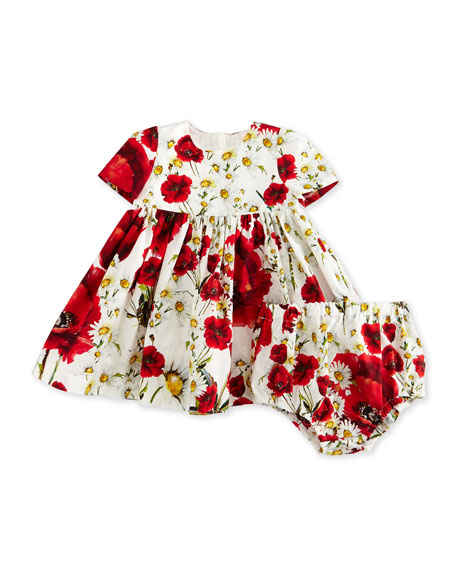 Dolce & Gabbana Short-Sleeve Floral Poplin Dress w/ Bloomers, White, Size 9-30 Months White Red Flower Daisy