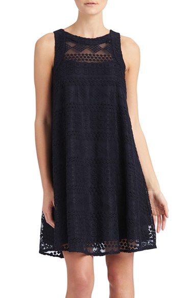 Donna Morgan Embroidered Mesh Swing Dress Midnight Blue trapeze dresses for easter