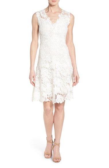 Elie Tahari 'Samira' V-Neck Lace A-Line Dress White