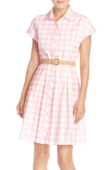 Eliza J Check Cotton Poplin Shirtdress Pink Ivory Check