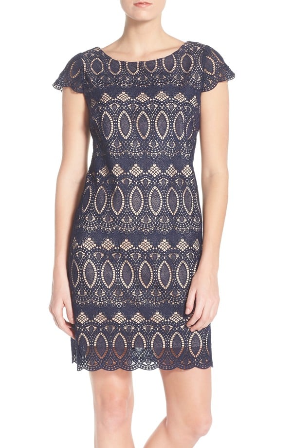 Eliza J Scalloped Lace Sheath Dress (Regular & Petite) Navy Blue sheath dresses for easter 
