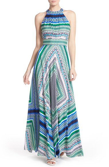 Eliza J Scarf Print Chiffon Maxi Dress (Regular & Petite) Blue Green Print